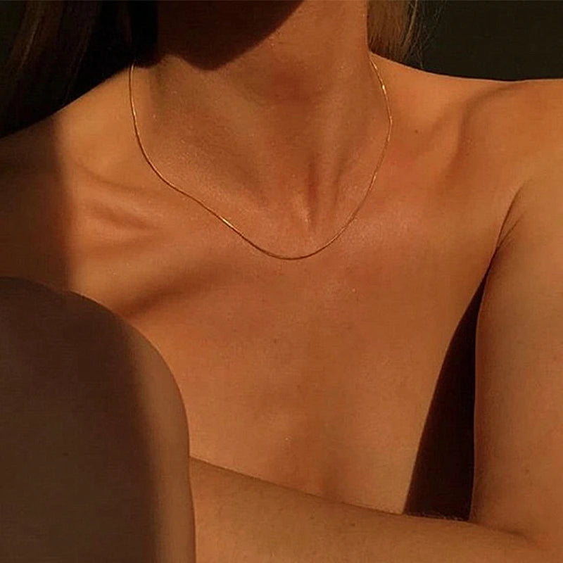 Kurze Schlangenkette aus 18K vergoldetem Titan getragen | minimalistisches Collier für Damen | elegante Goldkette
