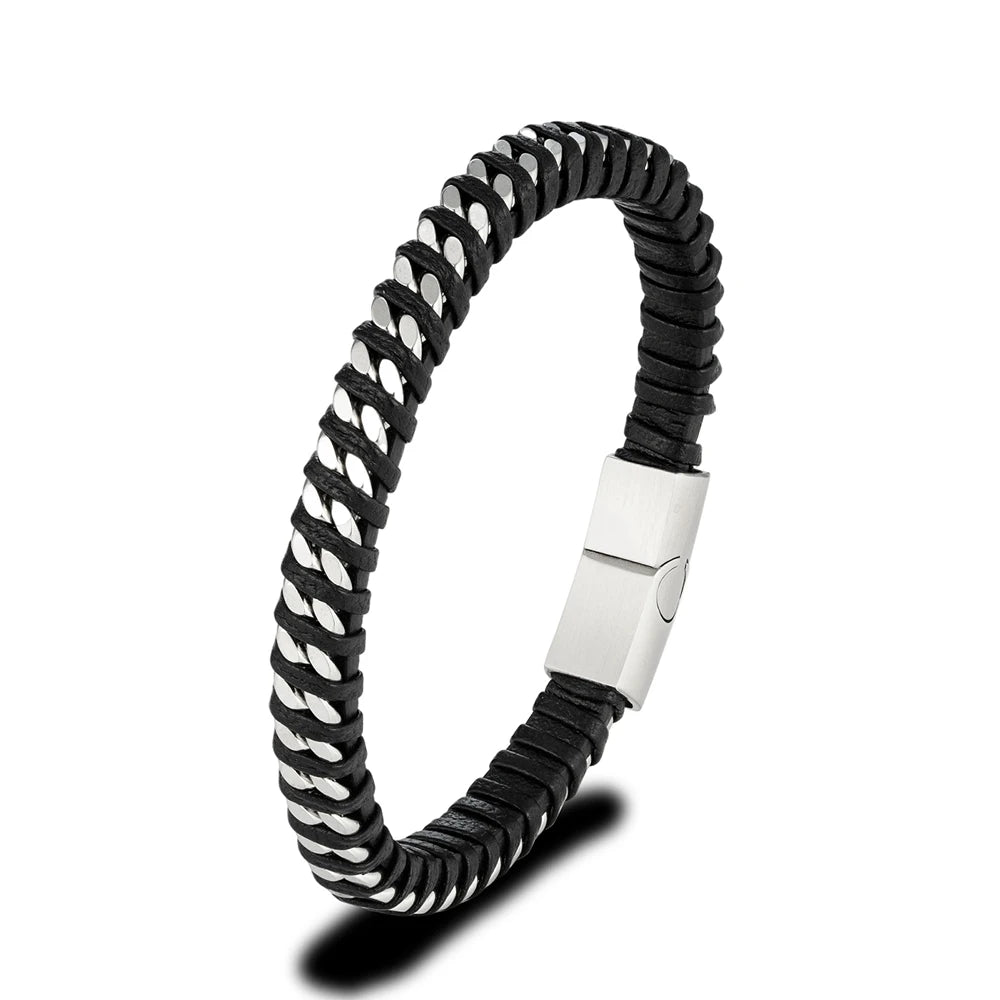 Jack Armband Seitenansicht - robustes Leder kombiniert mit stilvollem Box-Ketten-Design aus Edelstahl