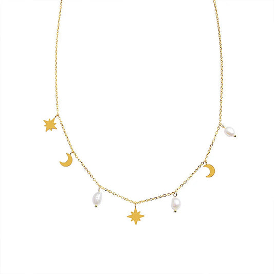 Freigestellte Kette mit Monden, Sternen und Süßwasserperlen | eleganter Halsschmuck aus vergoldetem Titan