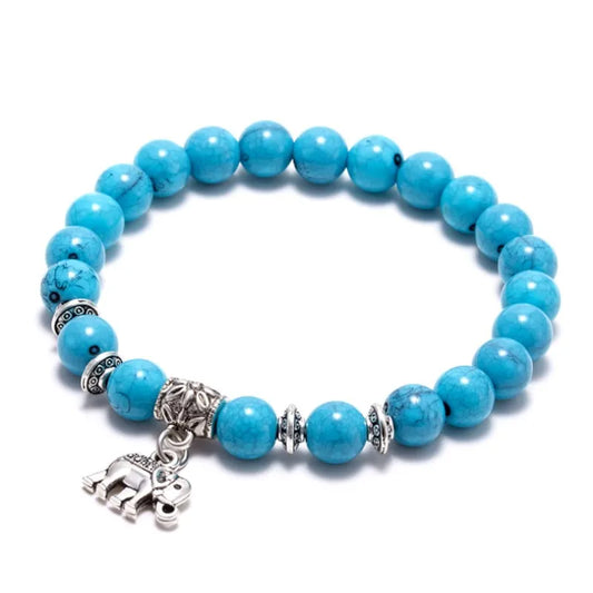 Chakry Armband mit bunten Naturstein-Perlen und Tiermotiven - Elefant und Meeresschildkröte