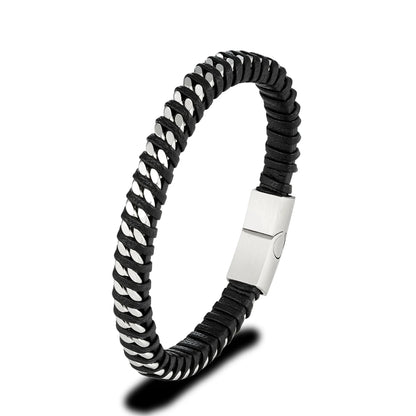 Jack Armband Seitenansicht - robustes Leder kombiniert mit stilvollem Box-Ketten-Design aus Edelstahl