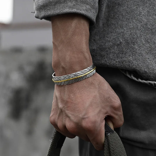 Armband Feather Set aus Edelstahl in Goldfarbe - Feder-Motiv Herrenschmuck