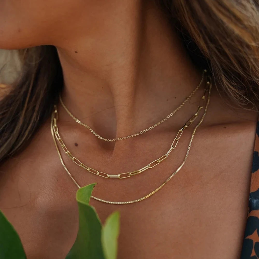 Set aus Panzerkette, Schlangenkette und Ankerkette aus Edelstahl I PVD 18K Goldbeschichtet| Goldener Schmuck im Lagenlook