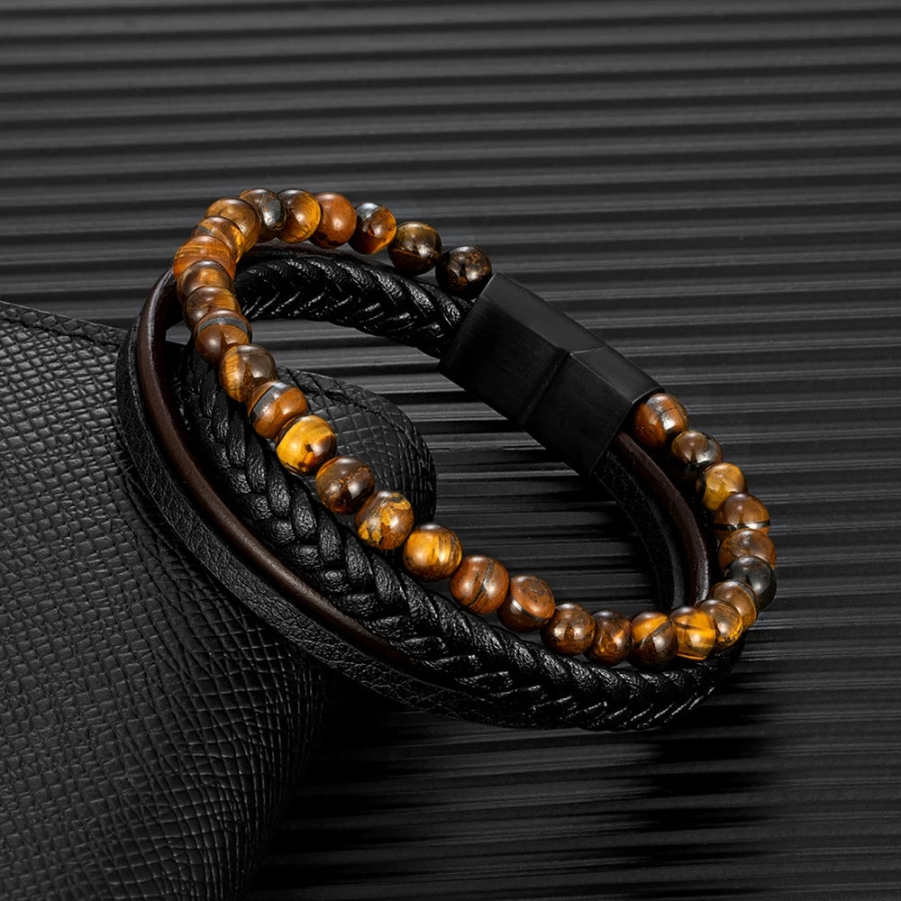 Pello 7-Chakra Multilayer Lederarmband Tigerauge spirituelles Herrenarmband
