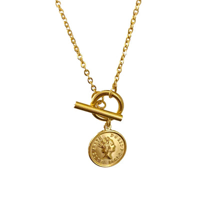 Freigestellte Kette aus 18K vergoldetem Titan mit Münzanhänger | Münzkette mit Knebelverschluss | Goldkette


